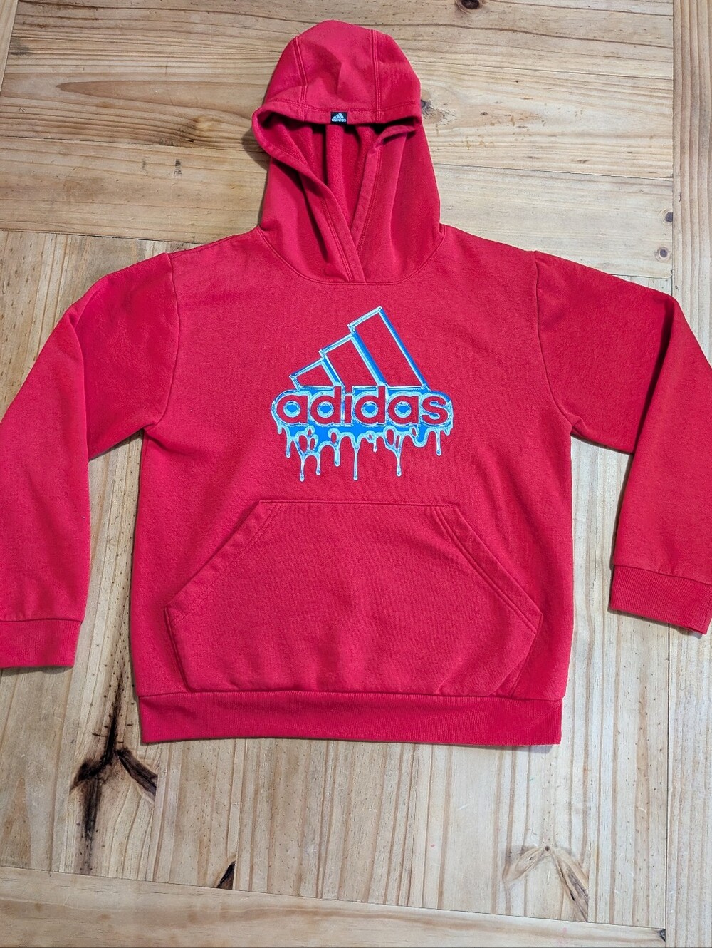 adidas Red Hoodie with Drip Logo in White and Light Blue